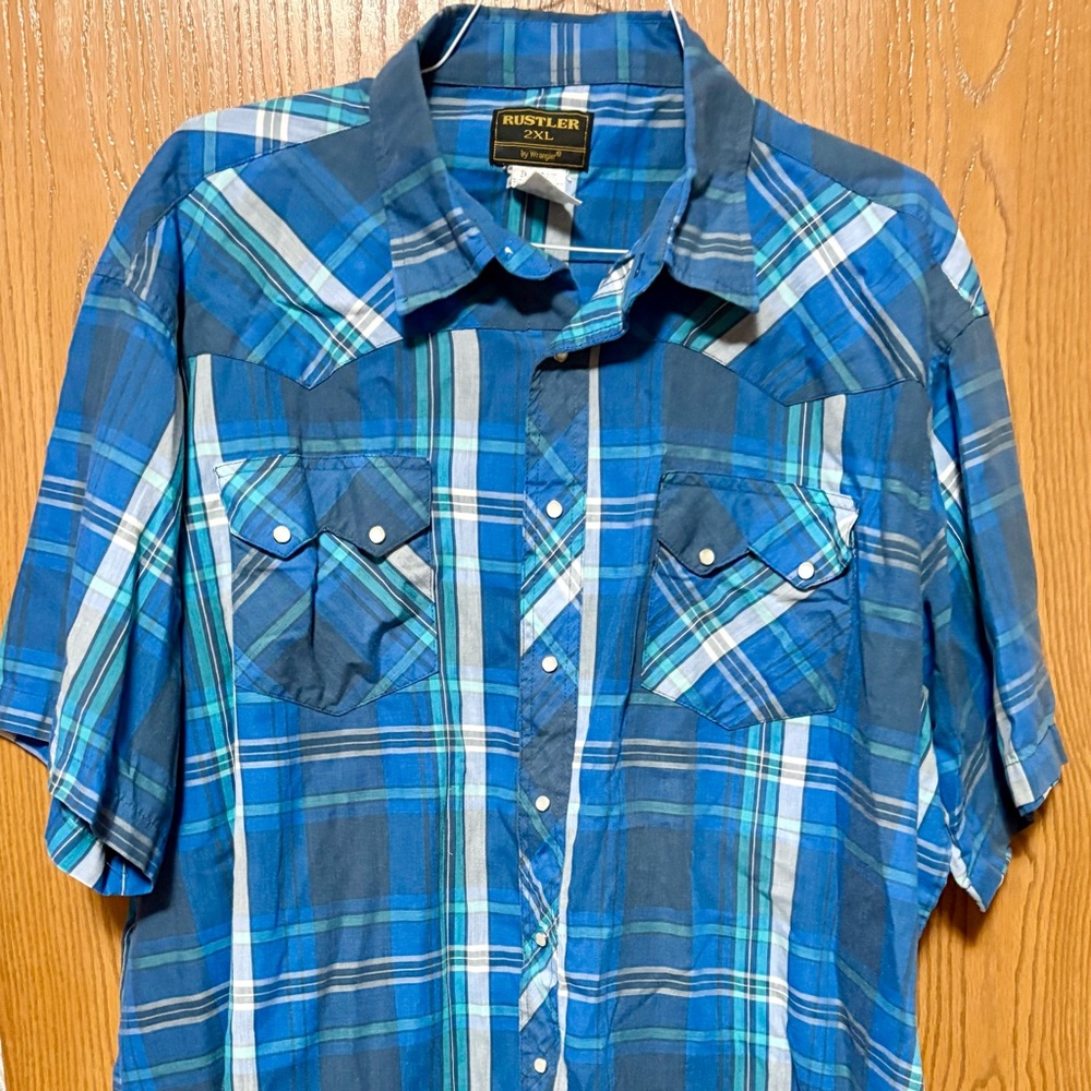 Wrangler Rustler 2XL Blue and Green Casual Button Down Shirt